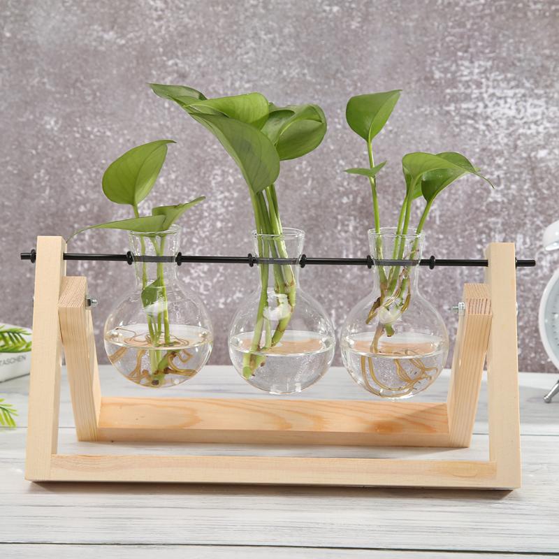 GLASS PROPAGATION VASE WITH A-FRAME WOODEN STAND - Wooden and Modern