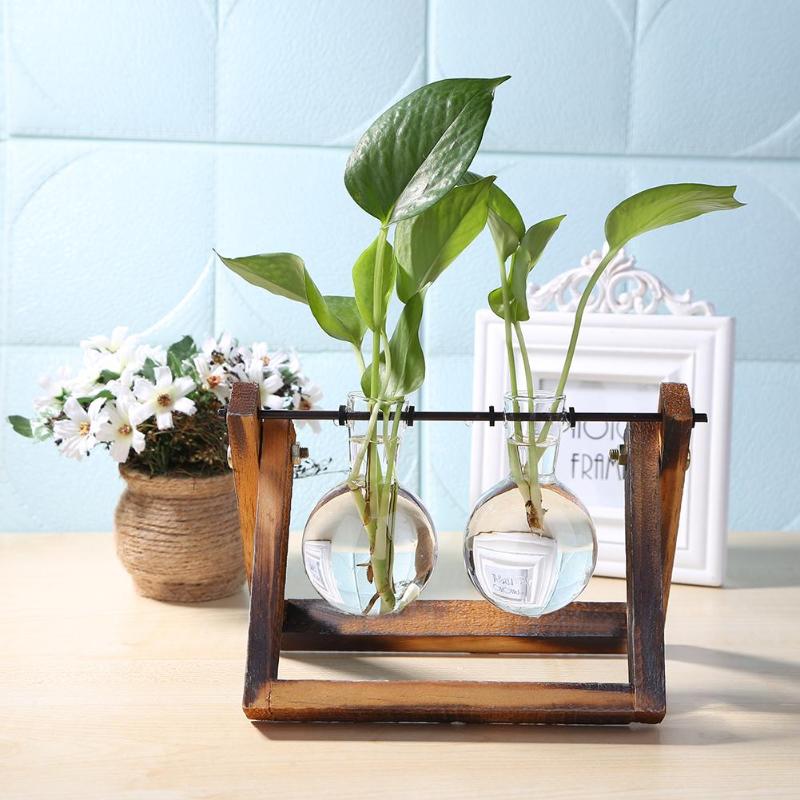 GLASS PROPAGATION VASE WITH A-FRAME WOODEN STAND - Wooden and Modern